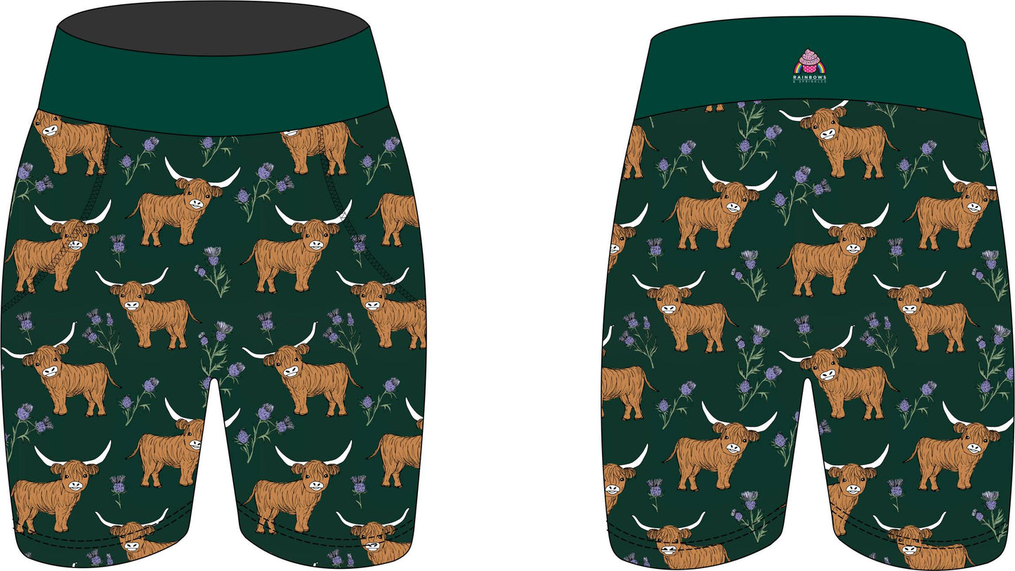 Highland Cow on Thistles Women's Active Shorts