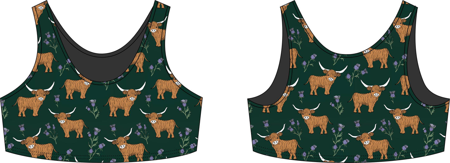 Highland Cow on Thistles Sports Bra